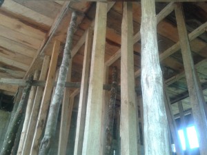 Wooden beams support the 2nd floor construction